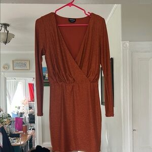 H&M Brown Orange Bodycon Dress Long Sleeve Plunge